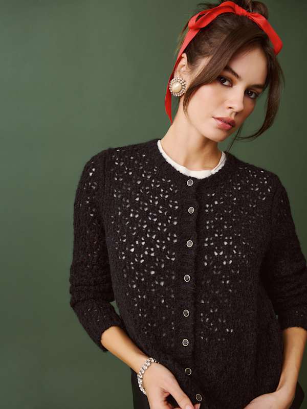 Clara Crew Cardigan - Black Pointelle